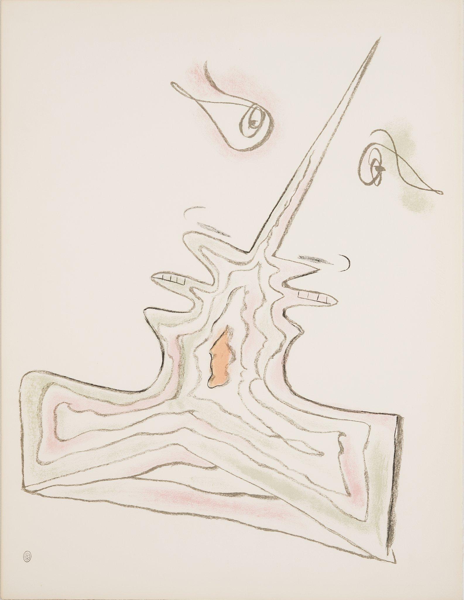Die moderne Lithographie "Les Amoureux" von Jean Cocteau wurde 1957 im Atelier Mourlot gedruckt. Cocteau war ein Meister darin, die schwachen Formen seiner Motive in Skizzen darzustellen. Oft verwendete er nicht mehr als fünf oder sechs Zeilen, um
