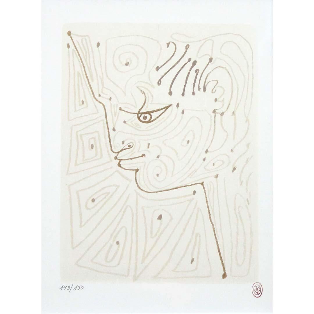 This original lithograph by Jean Cocteau, titled Petit profil d
Orphée aux arabesques, captures the distinctive fusion of mythology and modernist elegance that defines the artist’s oeuvre. Limited to an edition of 150, this delicate composition