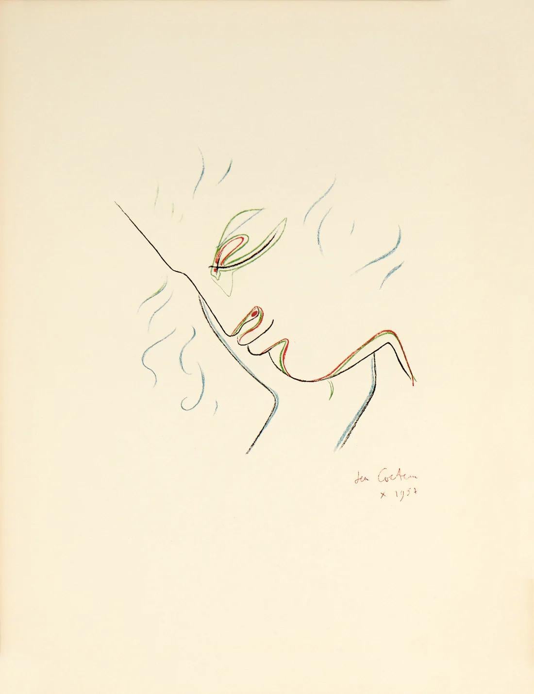 Künstler: Jean Cocteau

Medium: Original-Lithographie, 1956 / 1975

Abmessungen: 19,5 x 25,5 Zoll, 49,5 x 64,8 cm

Arches Papier - Ausgezeichneter Zustand A

Diese Originallithographie stammt aus der illustrierten Mappe: "Jean Cocteau: 25