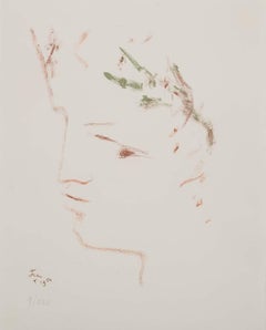 Sous le manteau du feu - original modern lithograph portrait by Jean Cocteau 