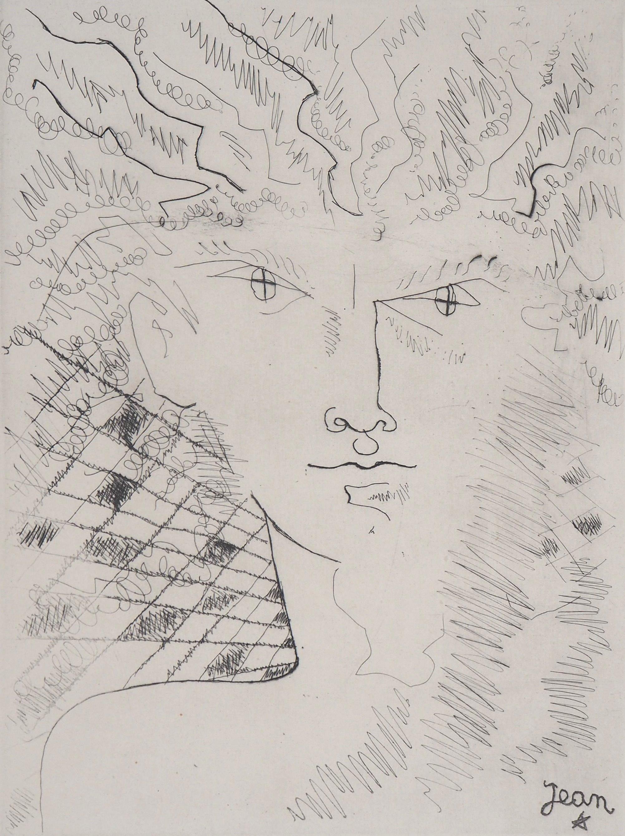 Surrealist Portrait - Original Etching, 1946 - Expressionist Print by Jean Cocteau