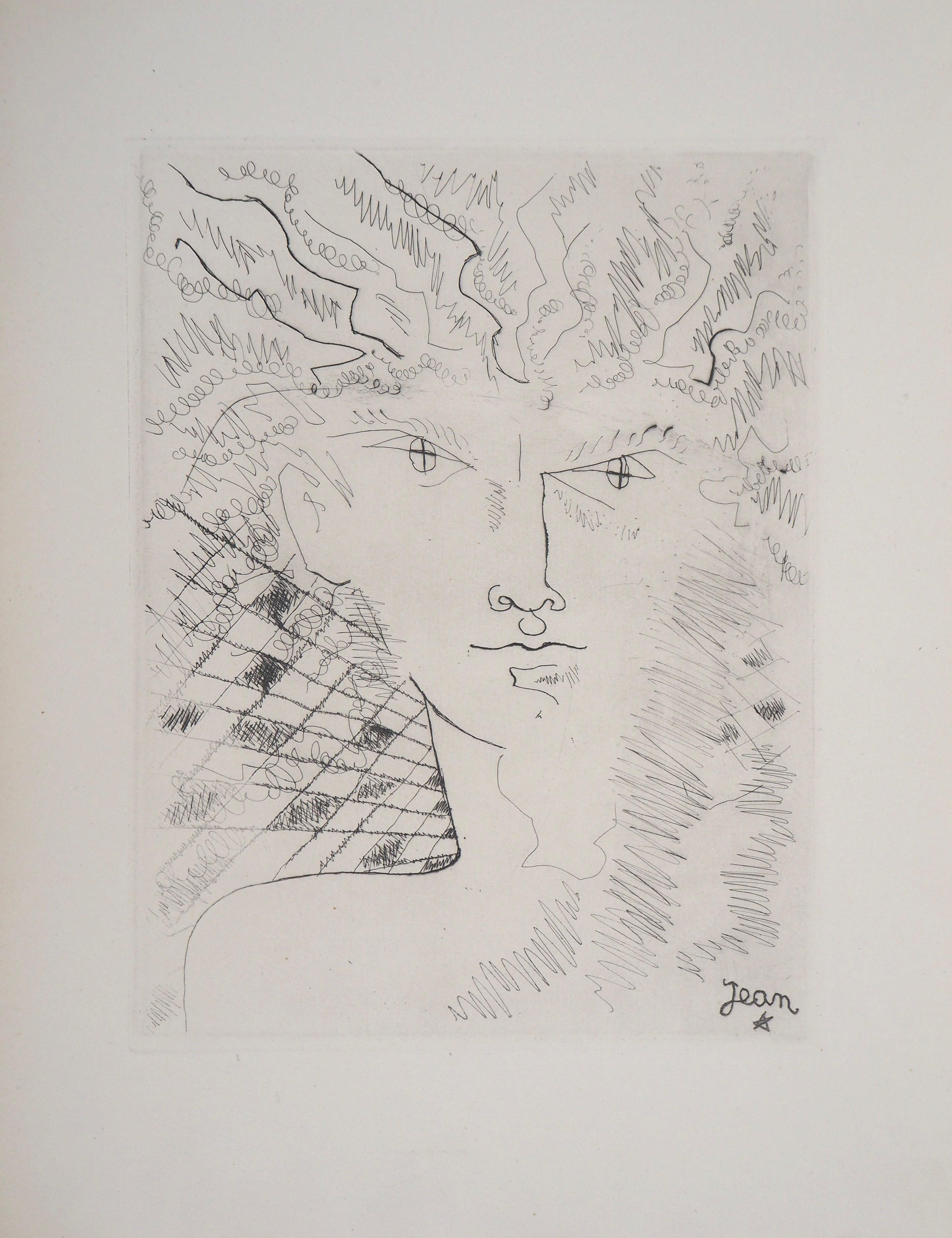 Surrealist Portrait - Original Etching, 1946 - Gray Figurative Print by Jean Cocteau