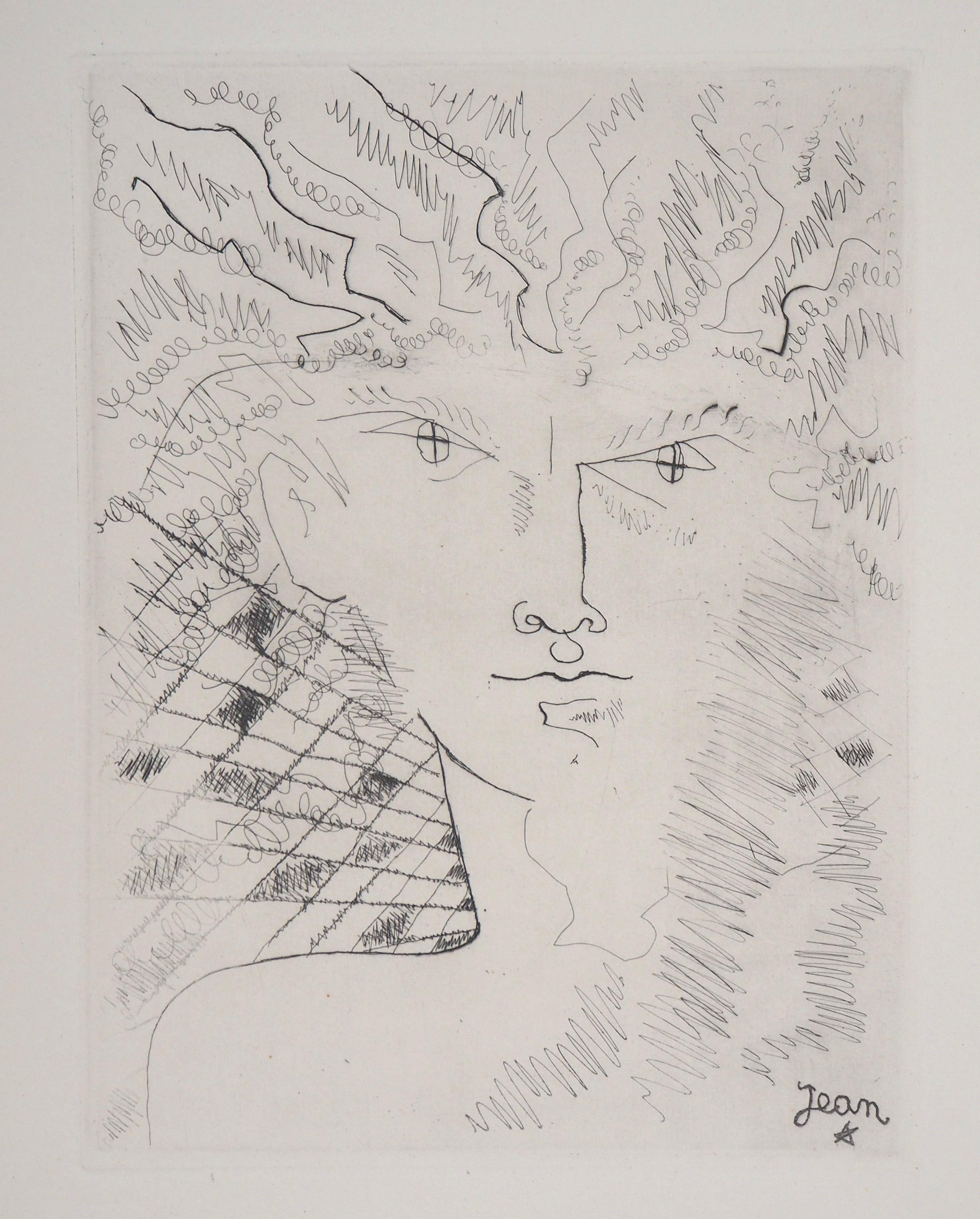 Jean Cocteau Figurative Print – Surrealistisches Porträt – Original-Radierung (Plattenunterschrift), 1946