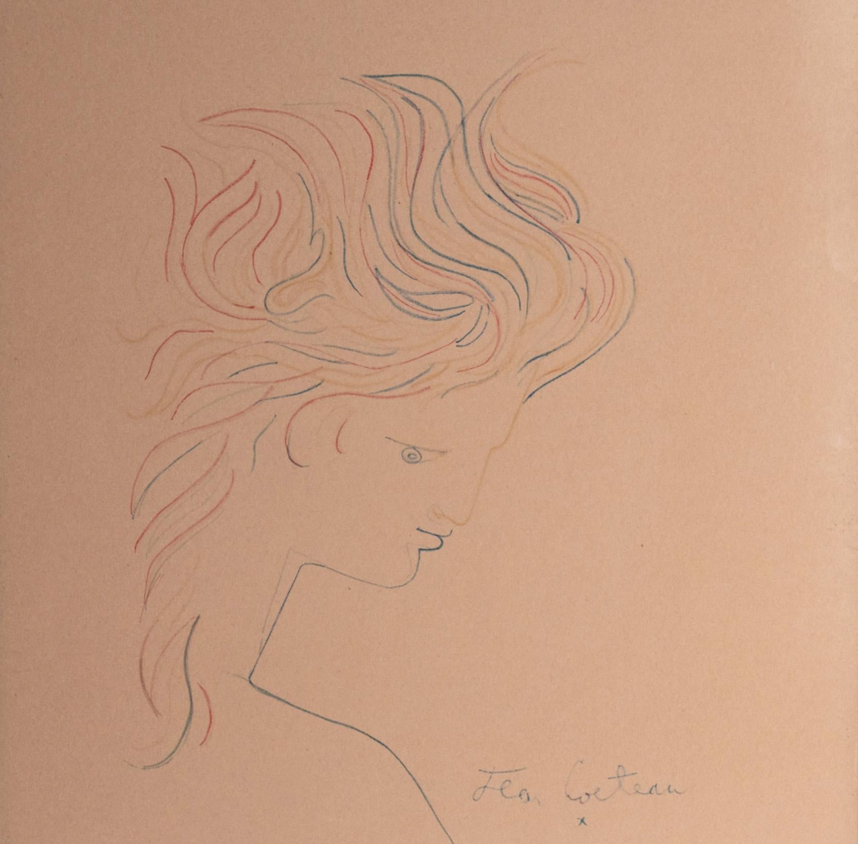 Surrealistische Tete en Profil Lithographie in Farbe Junge Frauenkopf Hors de Commerce, Hors de Commerce (Surrealismus), Print, von Jean Cocteau