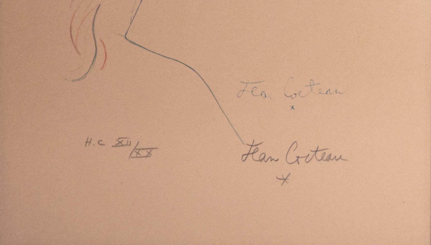 Surrealistische Tete en Profil Lithographie in Farbe Junge Frauenkopf Hors de Commerce, Hors de Commerce (Braun), Abstract Print, von Jean Cocteau