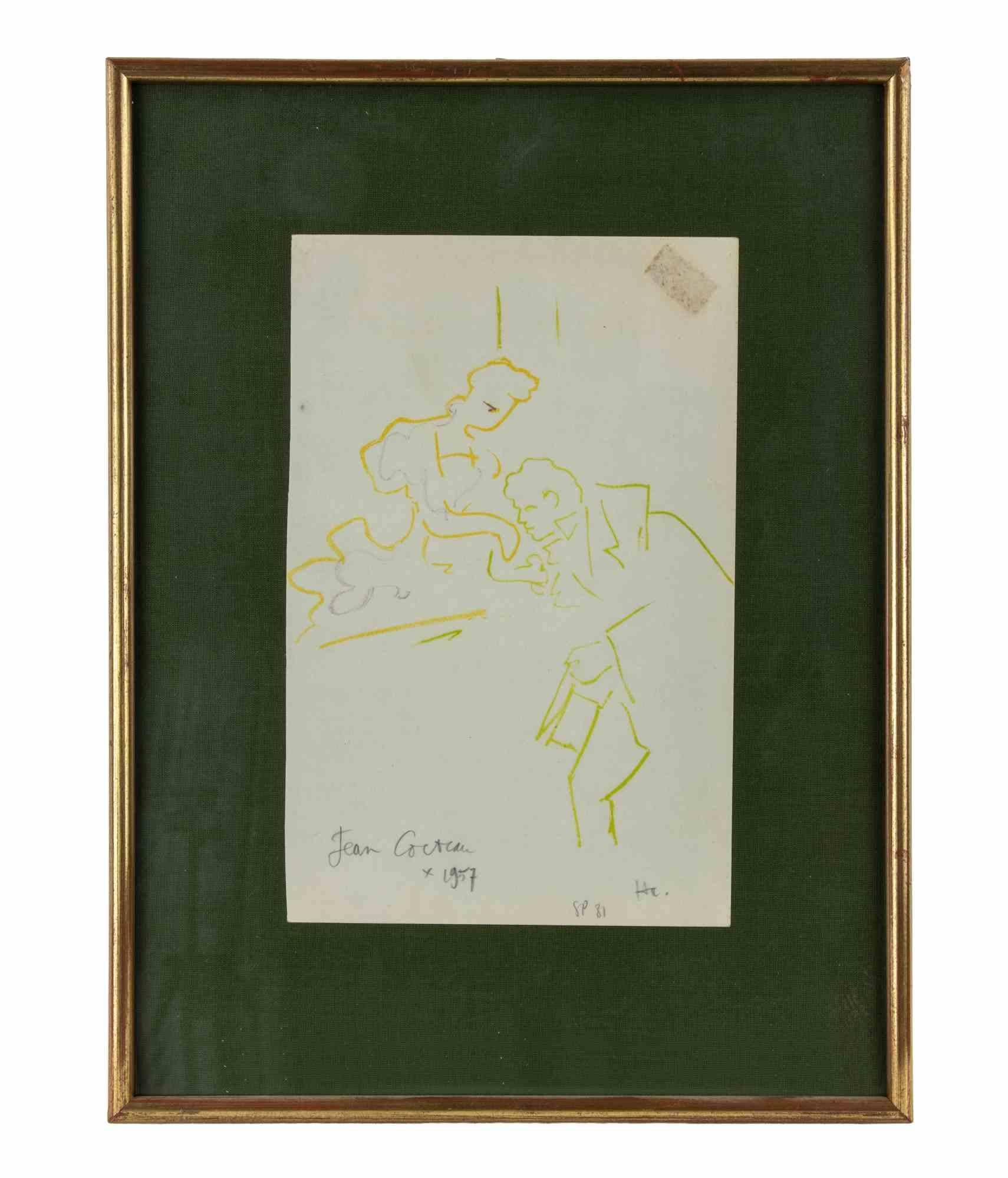 The Kiss - Lithograph by Jean Cocteau - 1957 For Sale 1