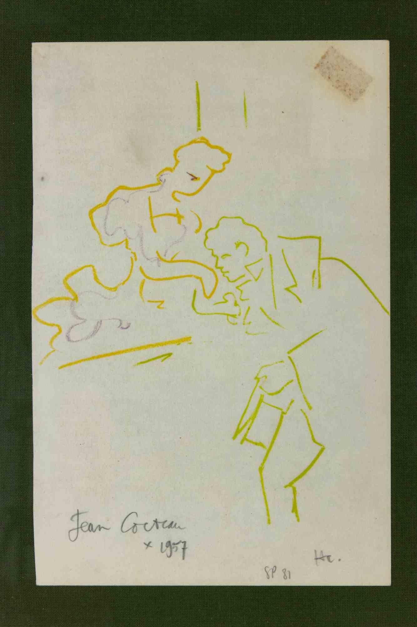 The Kiss - Lithograph by Jean Cocteau - 1957