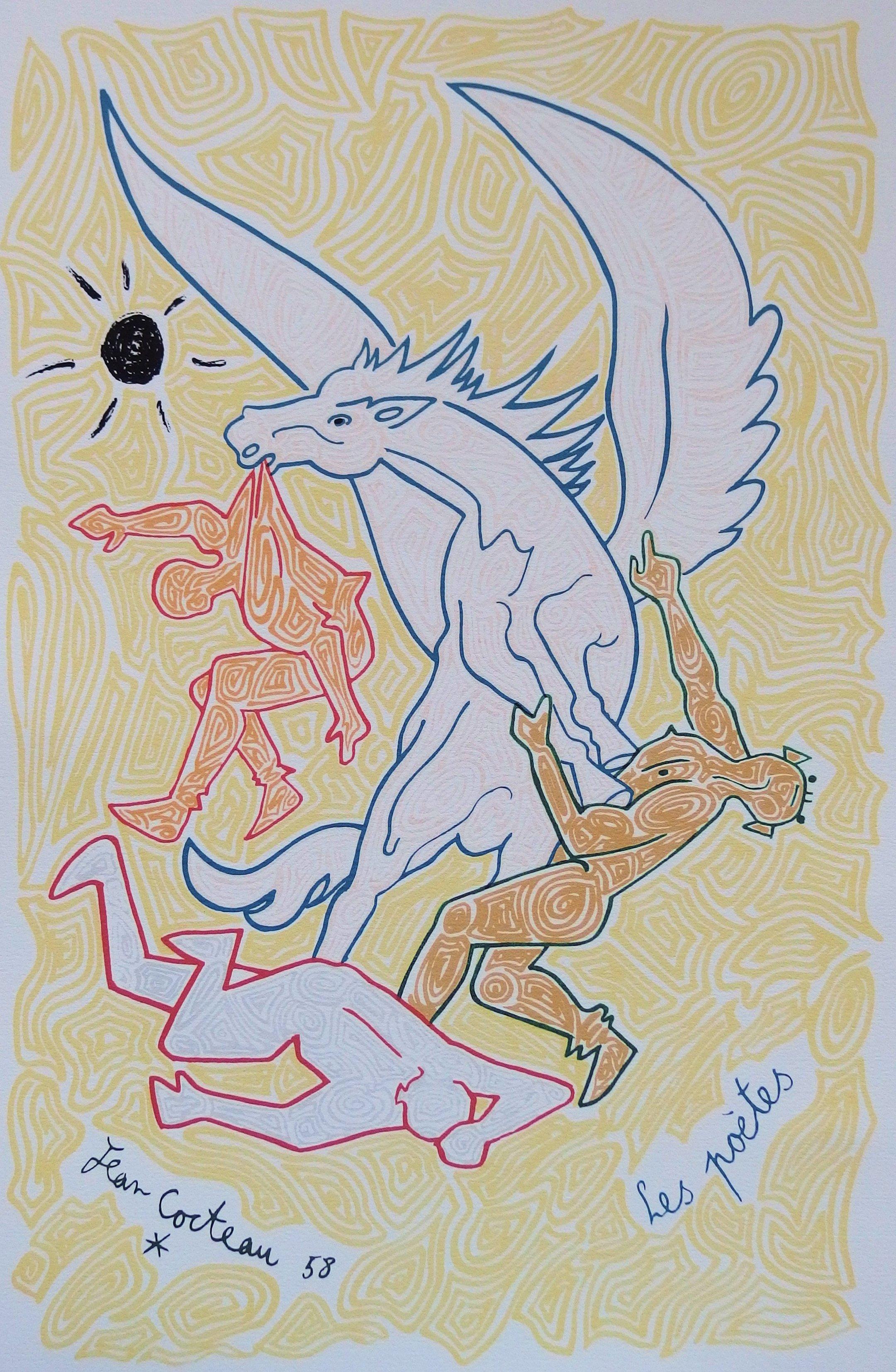 The Poets with Pegasus - Lithograph (Surrealismus), Print, von Jean Cocteau