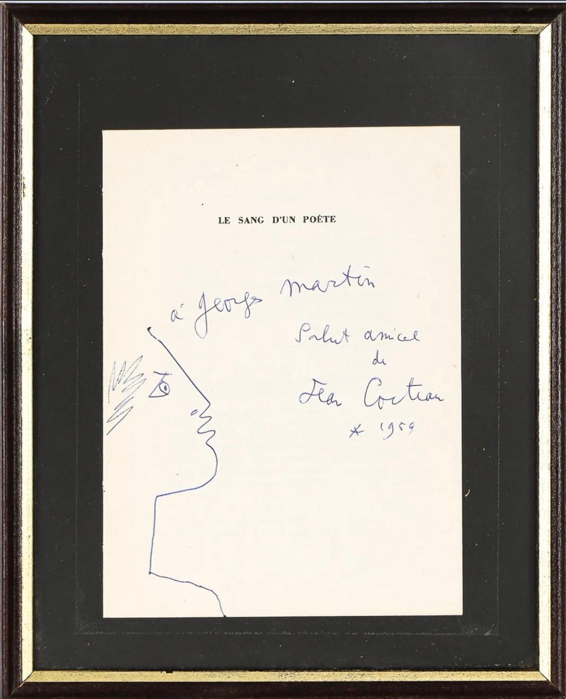 
Jean Cocteau (1889-1963), Profil mit Lorbeerkranz, 1959. Blaue Tinte auf dem Vorsatzblatt des Buches, 