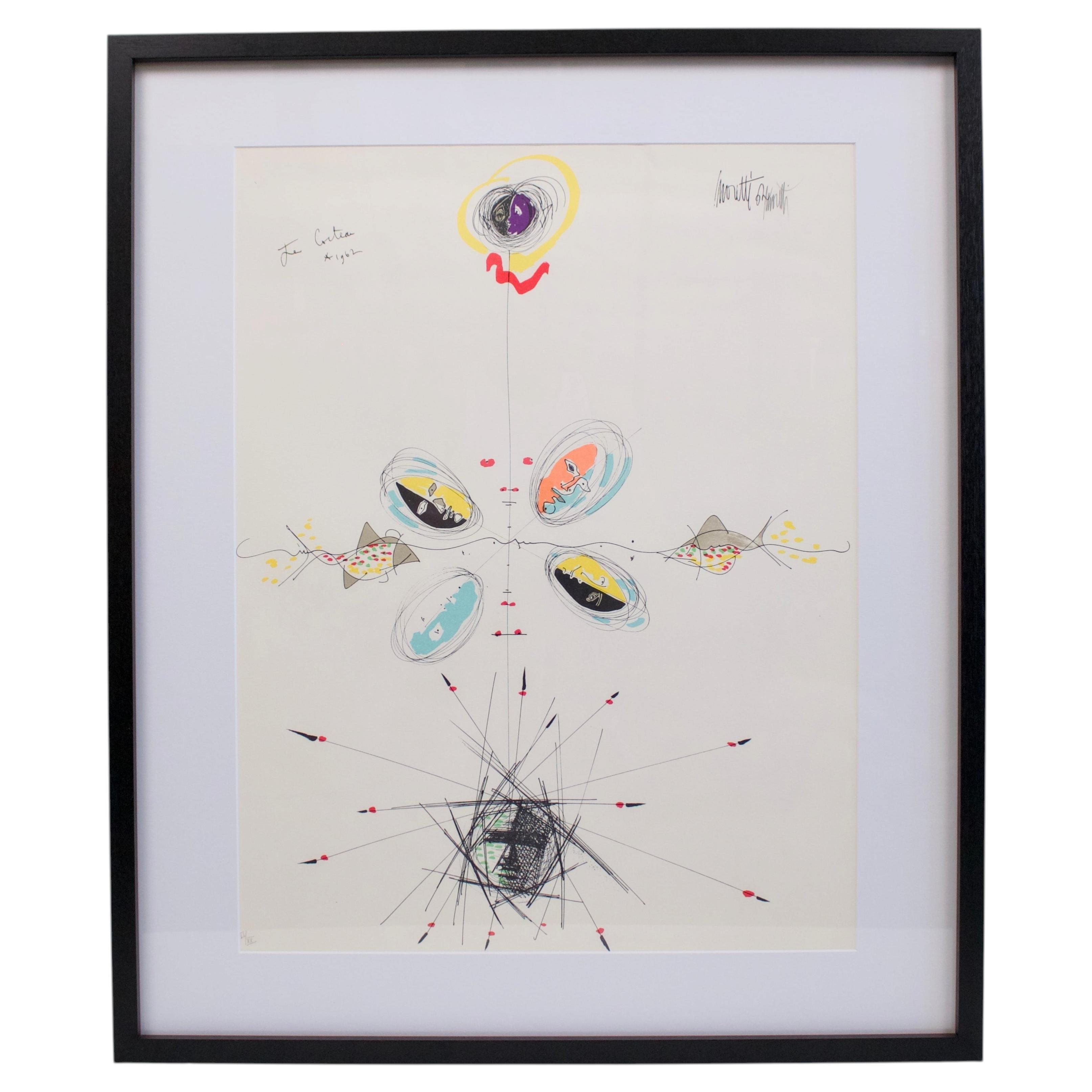Jean Cocteau & Raymond Moretti, “Faces and Fishes” Handsigned Framed Lithograph For Sale