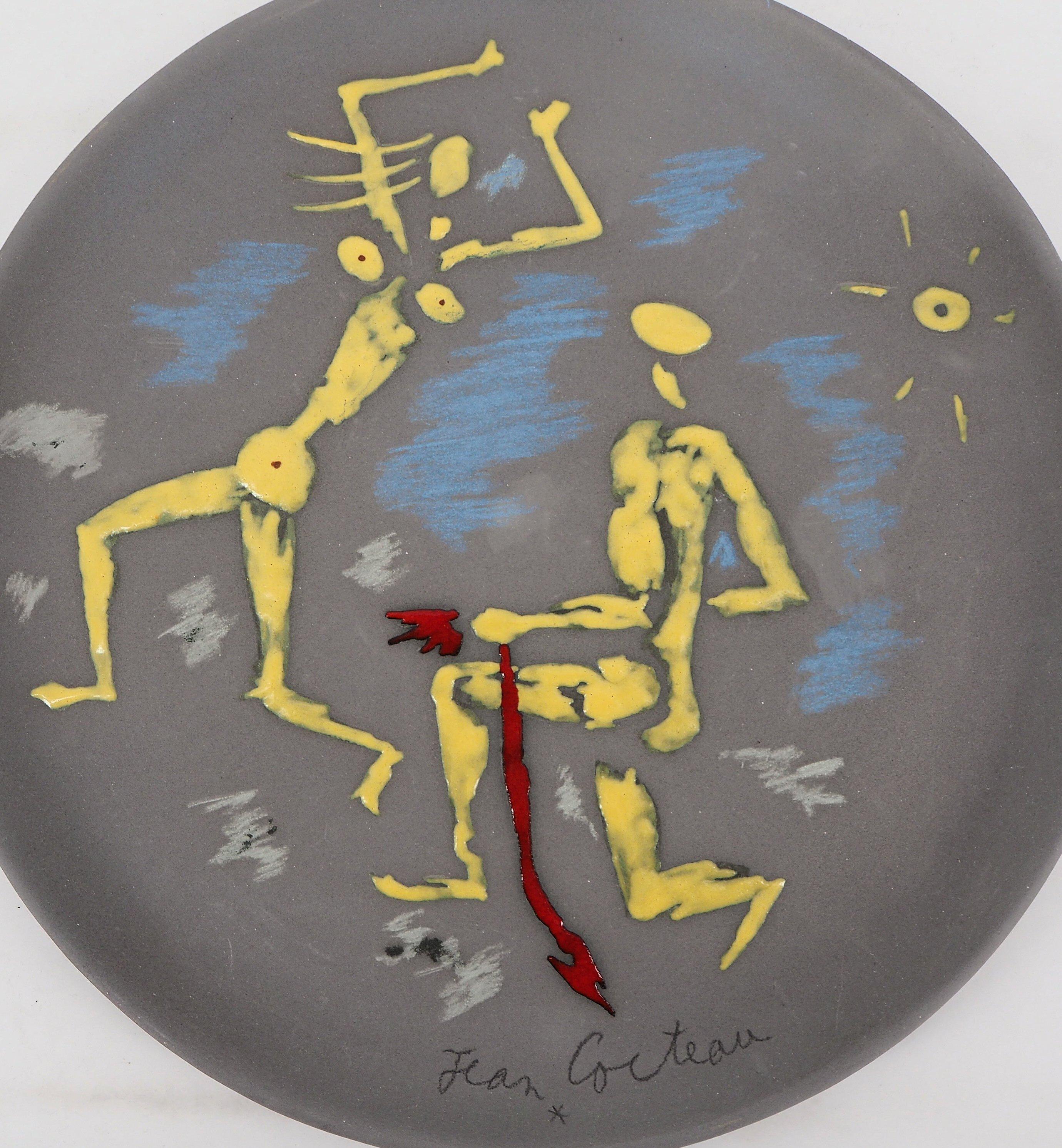 Atalanta and Hippomenes - Original signed ceramic, Certificate - Sculpture by Jean Cocteau