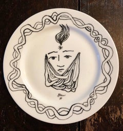 Christofle Porcelain Plate With Cocteau Art Deco Design Drawing