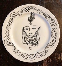 Vintage Christofle Porcelain Plate With Cocteau Art Deco Design Drawing