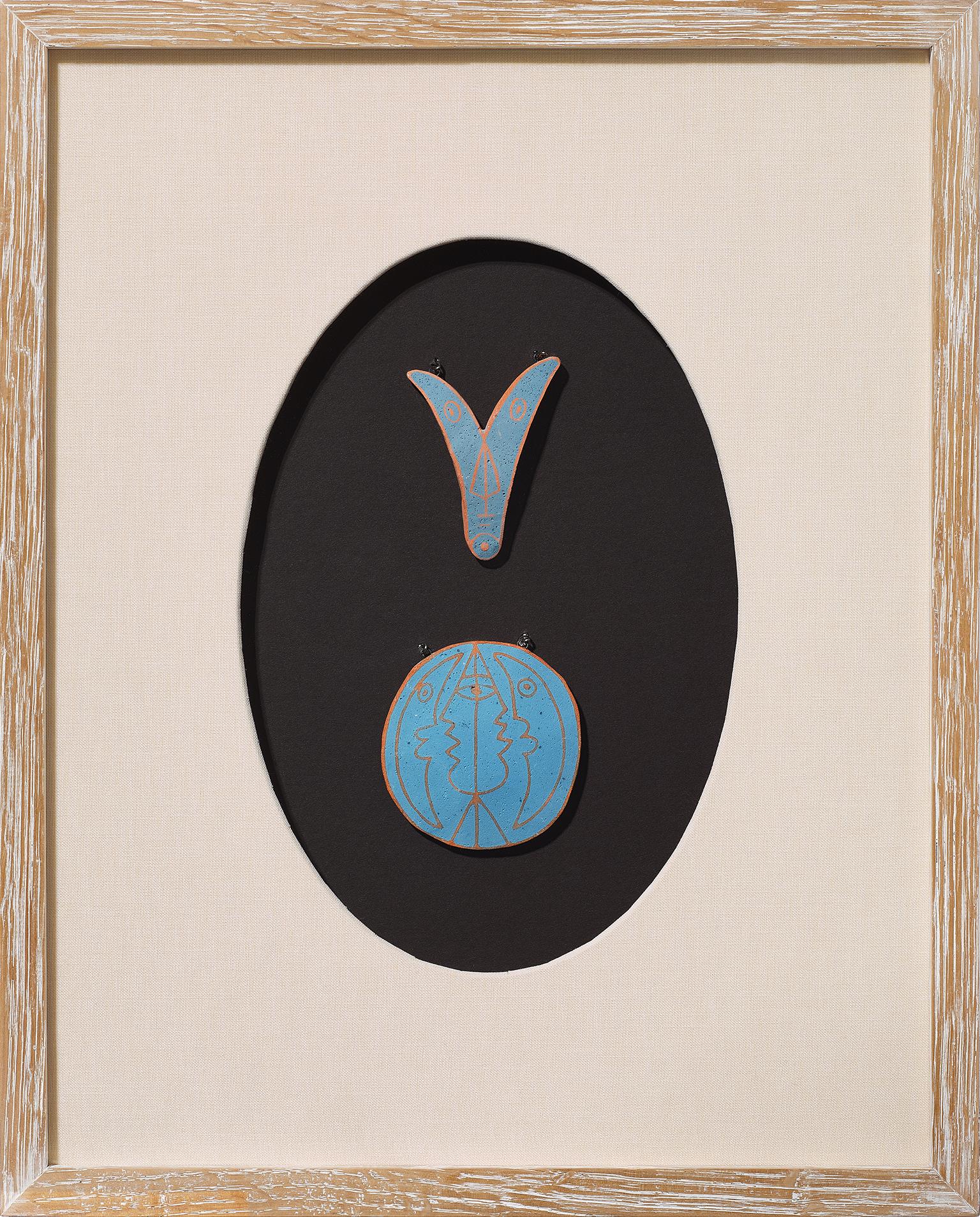 Jean Cocteau Figurative Print - Original ceramic pendant " Vé & Astrology " Blue variant 