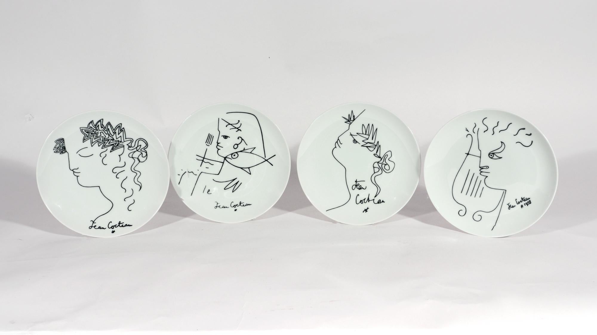 Jean Cocteau set of porcelain plates,
Limoges Porcelain
20th century

The four Limoges porcelain dessert plates each depict Jean Cocteau Grecian images including Orpheus and his harp and Eurydice. Each signed on the front and one with the date