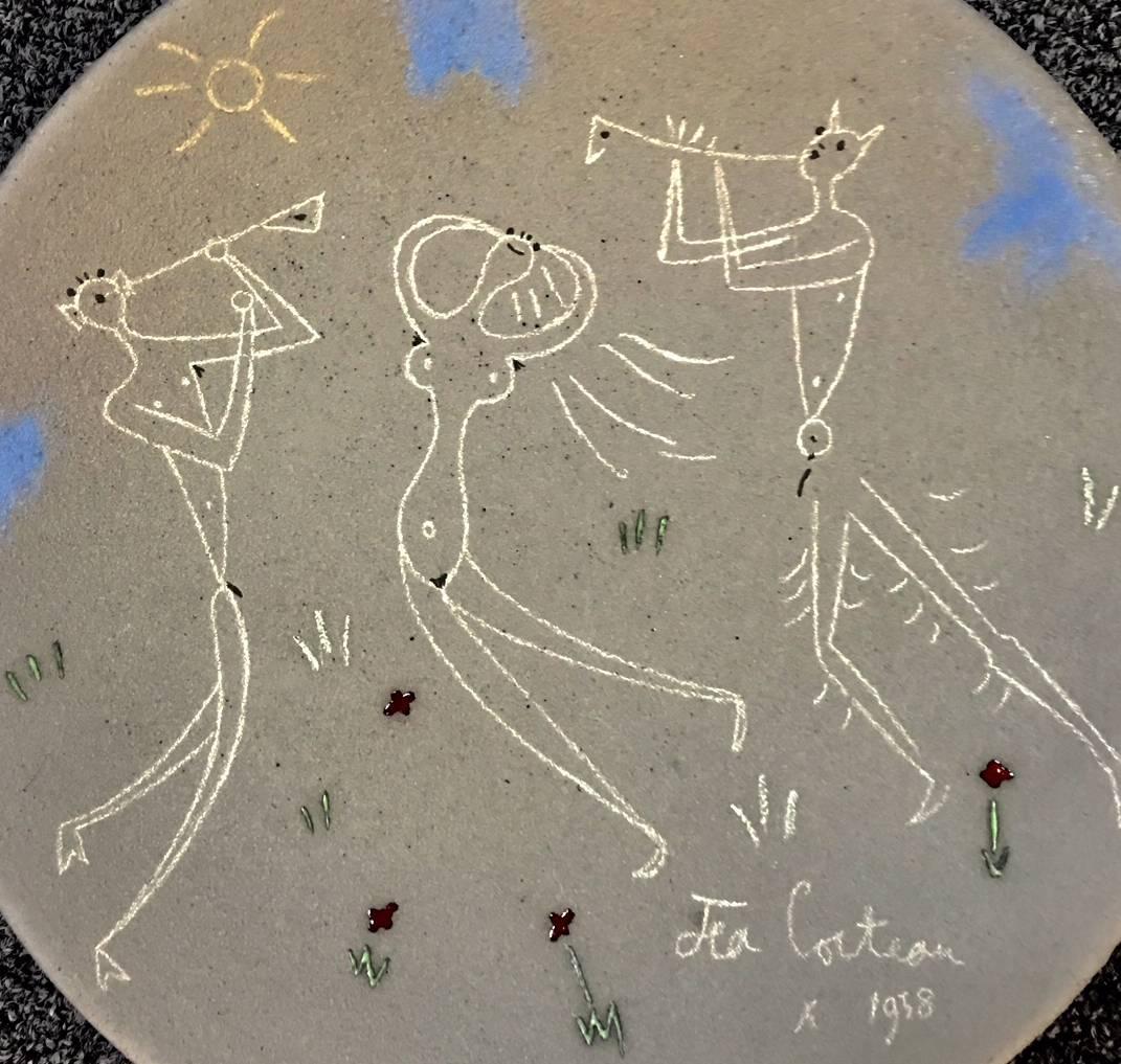 Modern Jean Cocteau Terracotta Pottery Dish, Danseuse et Musicien, 1958