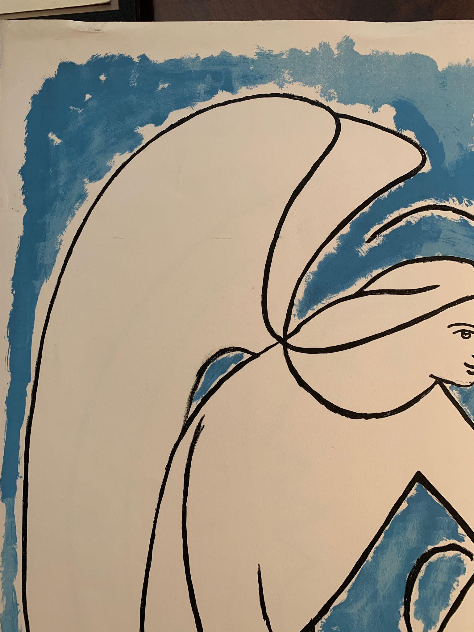 Ein ikonisches und originelles lithografisches Plakat von Jean Cocteau zur Feier der Chapelle St. Pierre in der südfranzösischen Stadt Villefranche-sur-Mer. Cocteau verbrachte mehrere Monate in dem kleinen mediterranen Küstendorf und malte im