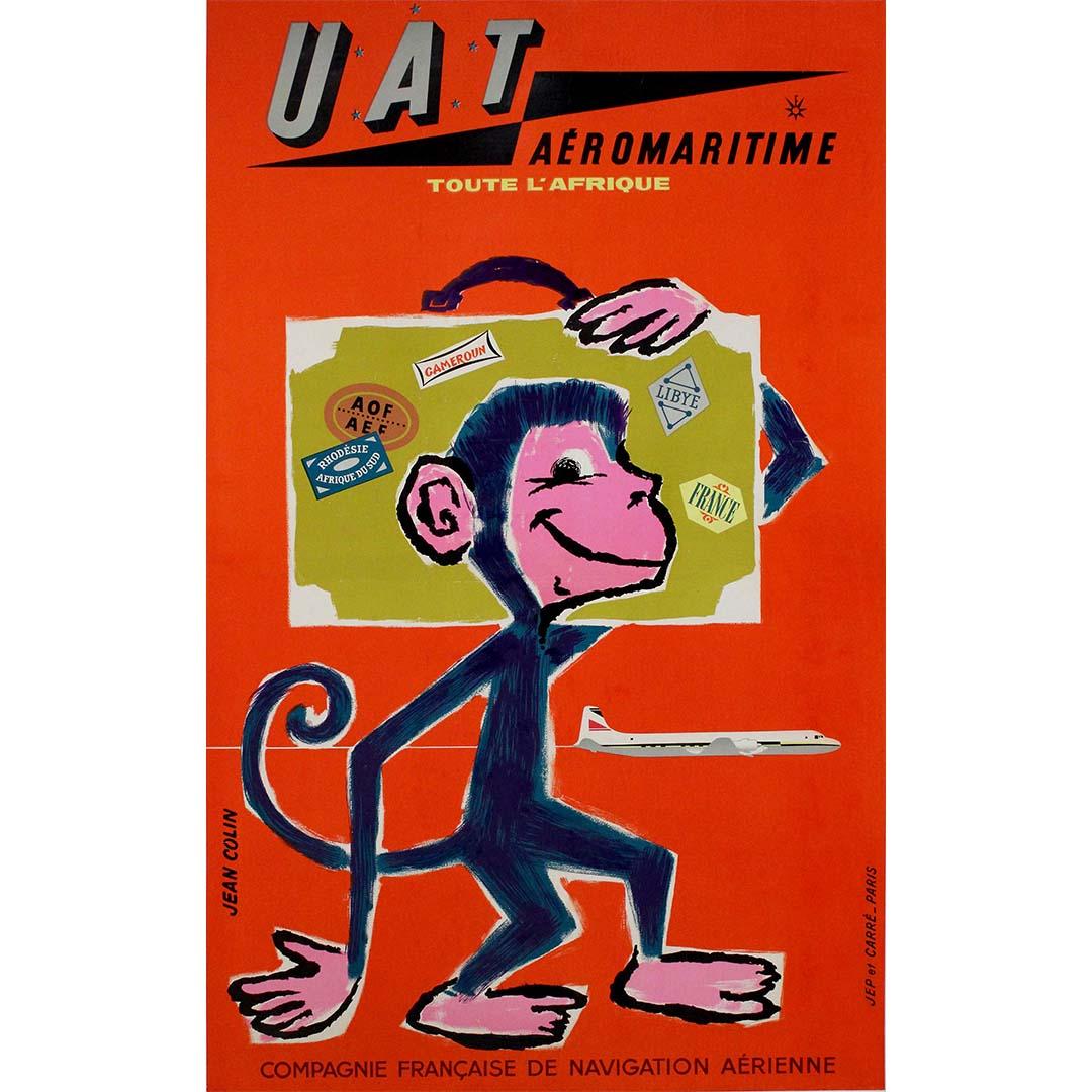 The circa 1960 original travel poster by Jean Colin for UAT (Union Aéromaritime de Transport), titled Toute l’Afrique, is a striking example of mid-20th-century travel advertising. Created to promote UAT Aeromaritime’s services across Africa, this