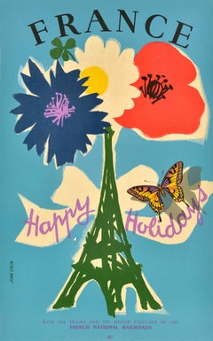 Original Vintage Travel Poster France Happy Holidays SNCF Railway Eiffel Tower