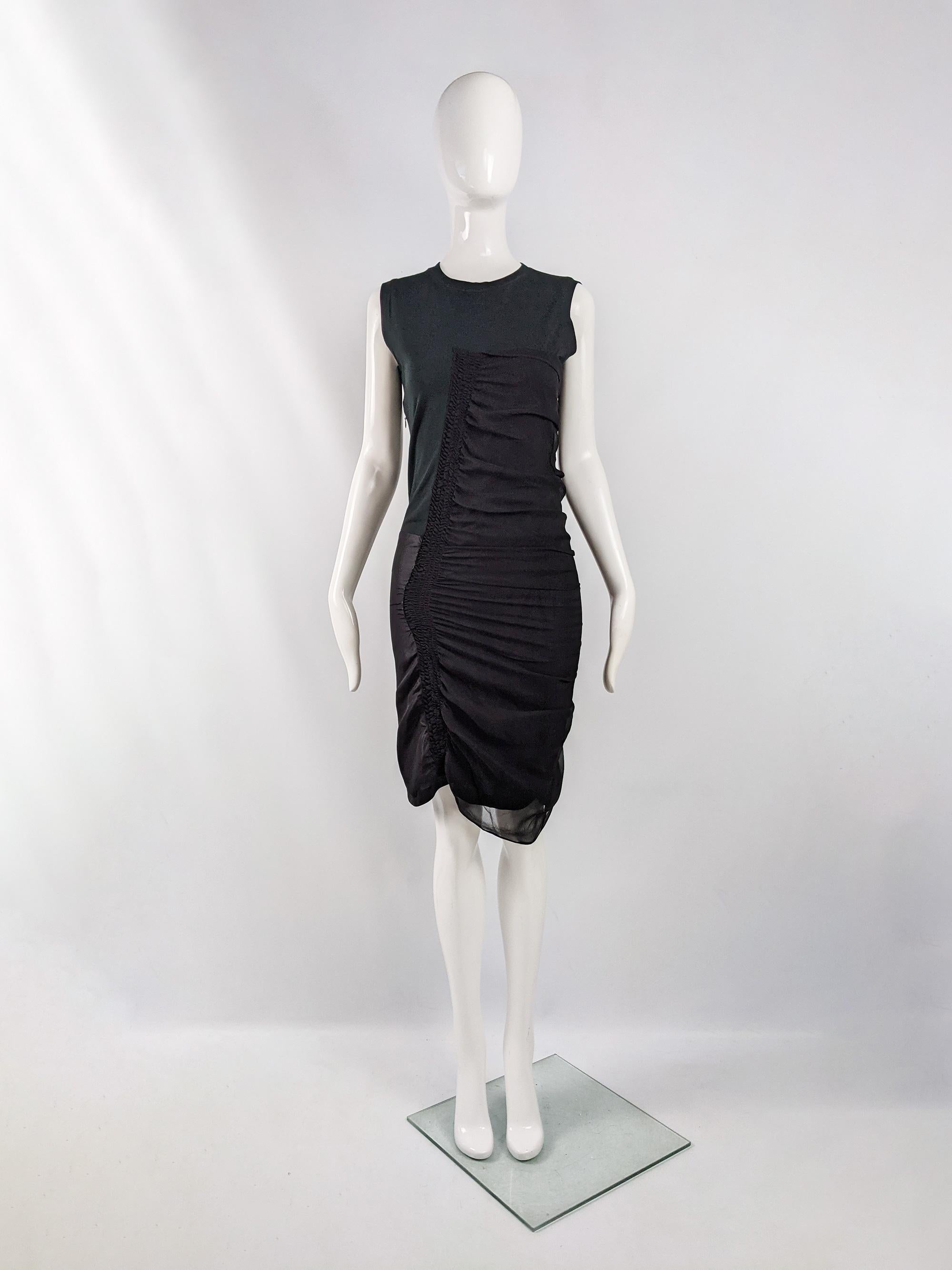 A beautiful vintage 90s evening dress by luxury cult fashion designer, Jean Colonna. In a mix of panelled fabrics, a t-shirt style cotton jersey on top, a ruched silk chiffon on the side and a lightweight silk taffeta down the other side, all