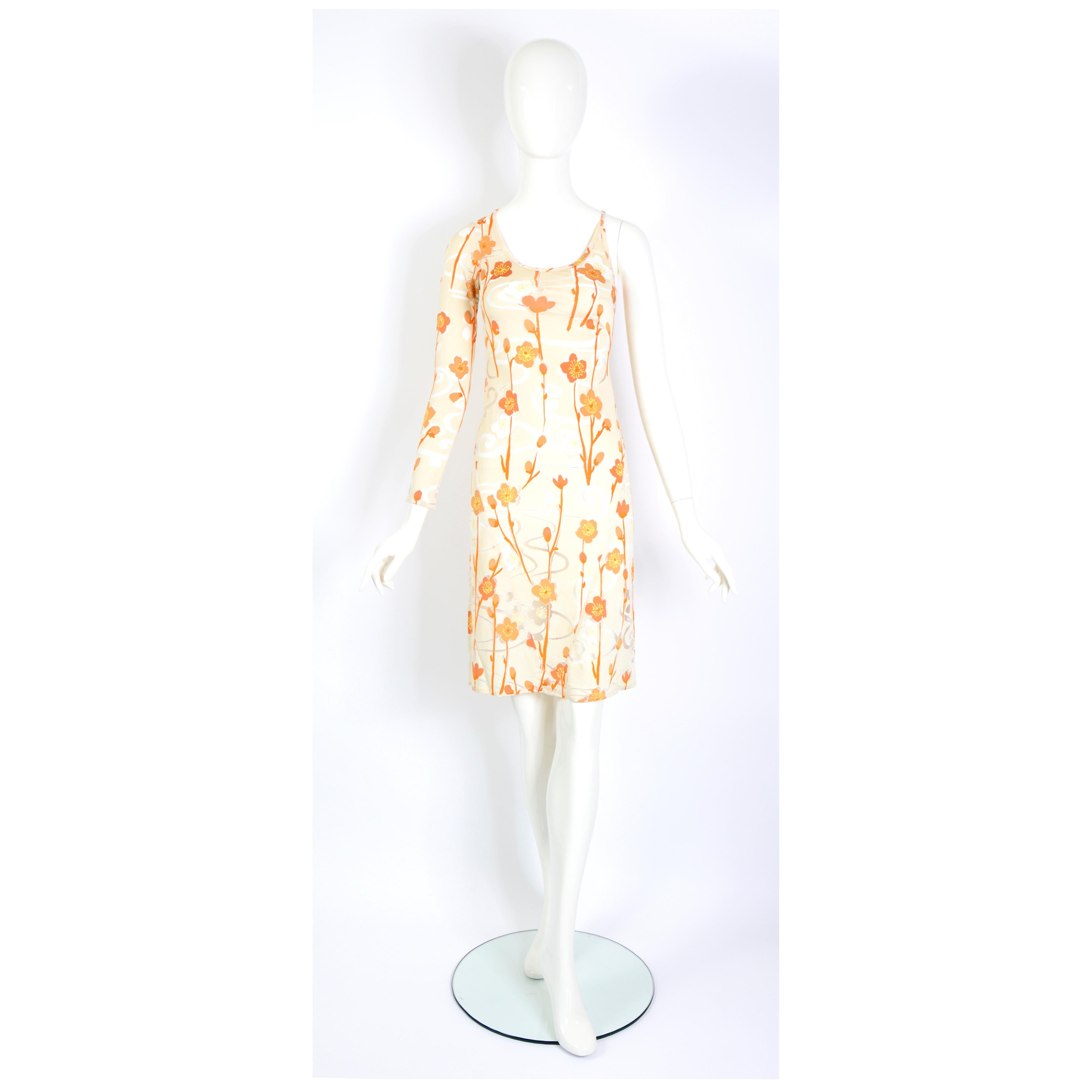 White Jean Colonna vintage SS 1998 asymmetric floral partly transparent jersey dress  For Sale