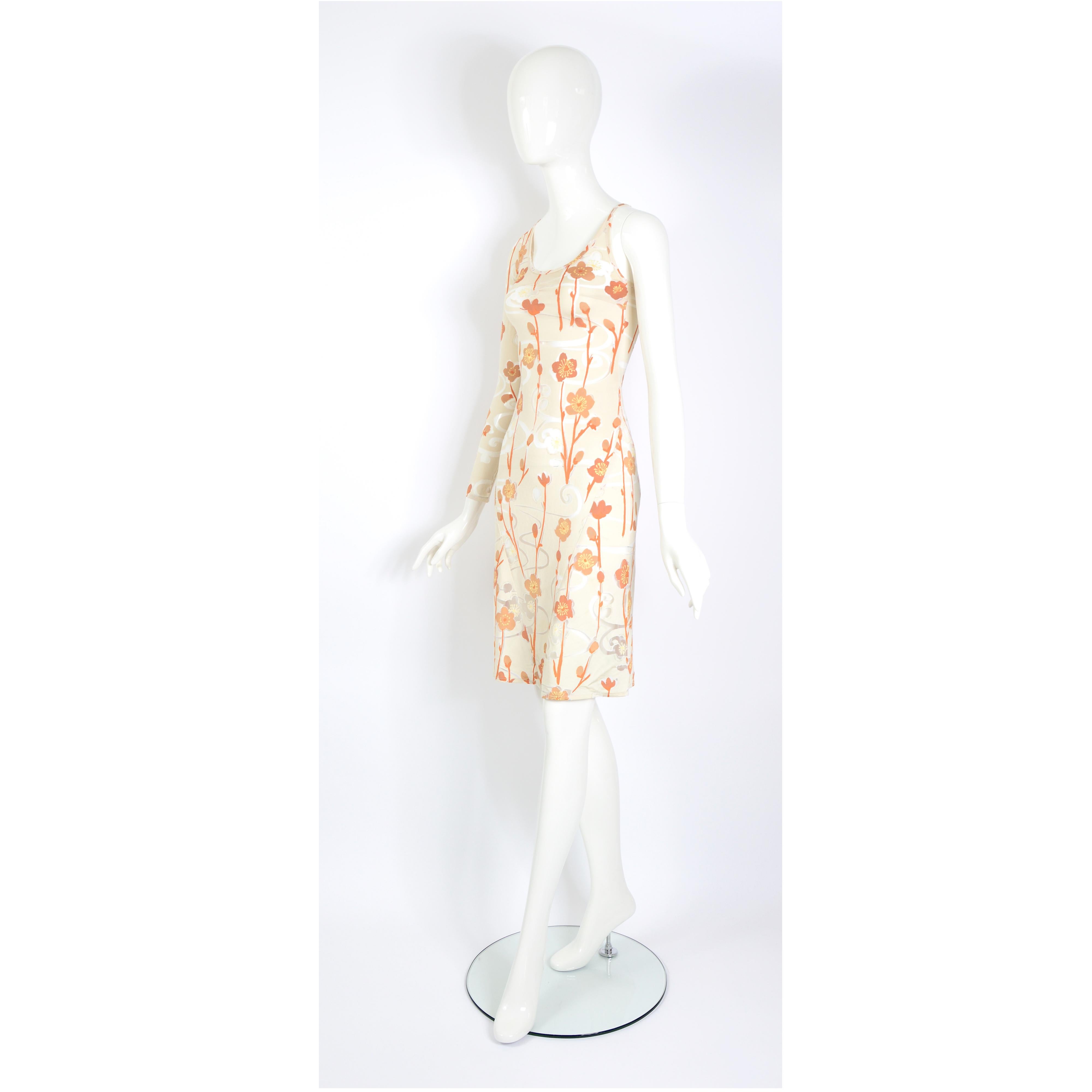 Jean Colonna vintage SS 1998 asymmetric floral partly transparent jersey dress  In Excellent Condition For Sale In Antwerp, BE