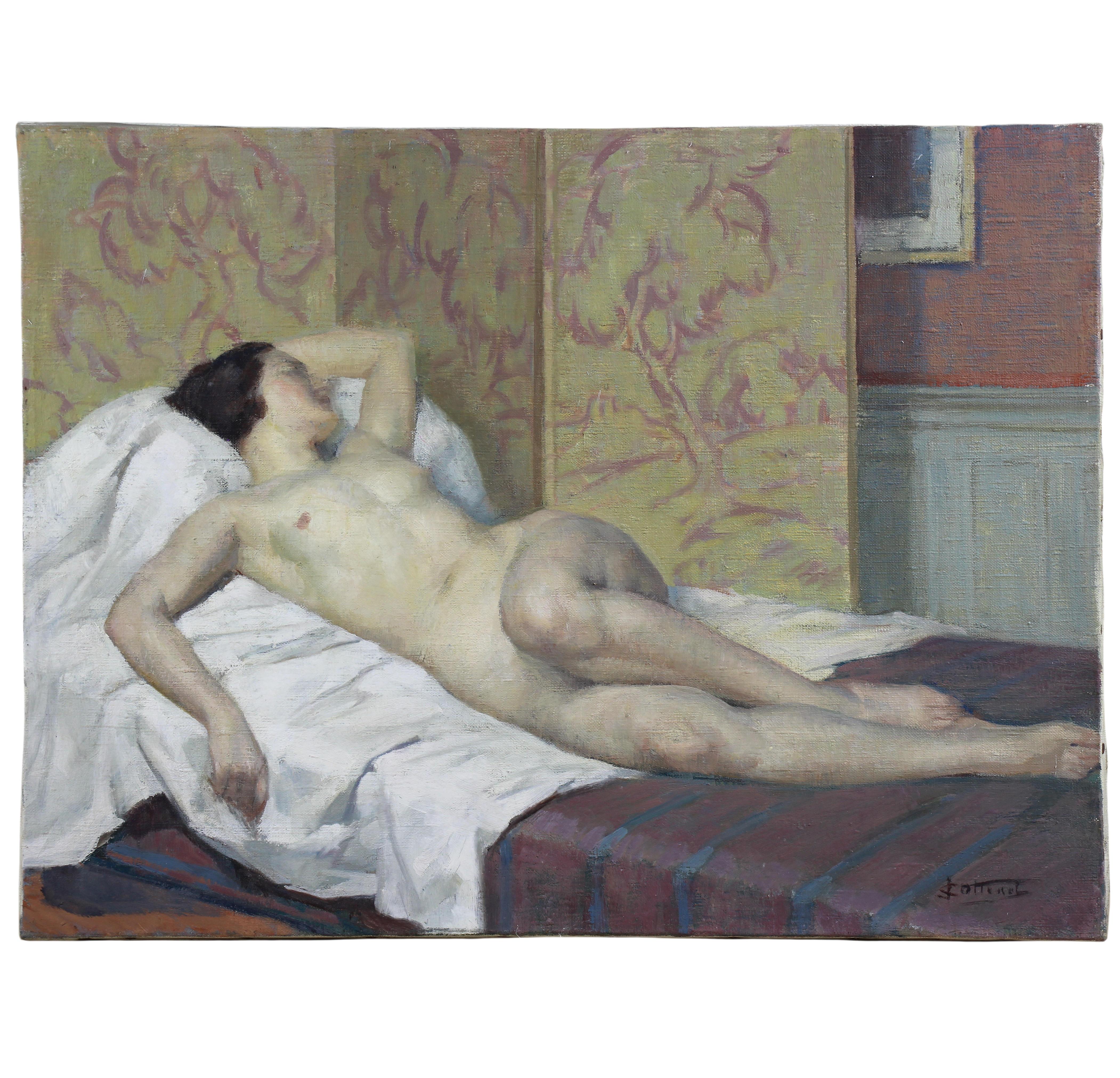 Figurative Painting di Jean Cottenet - Dipinto a olio su tela francese, un nudo sdraiato 19Th