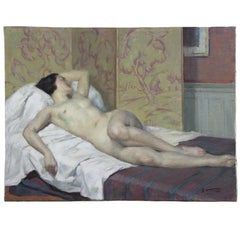 Óleo francés sobre lienzo, un Desnudo reclinado 19Th
