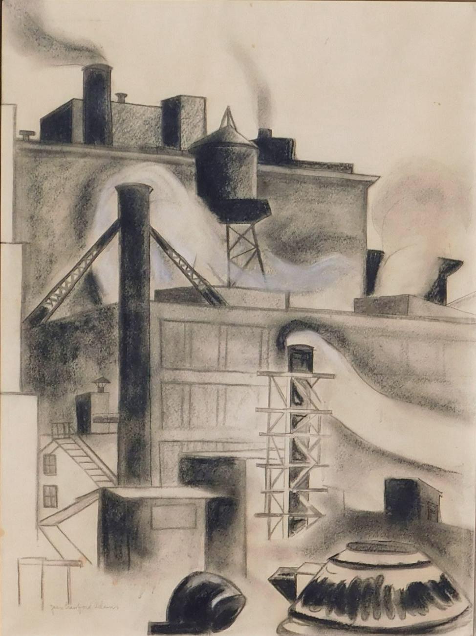 Original charcoal drawing by Chicago artist Jean Crawford Adams (1884-1972)
The work is signed in pencil lower left and is in excellent condition.
This is a working drawing, most likely a study for one of her industrial paintings.
Titled: “View from