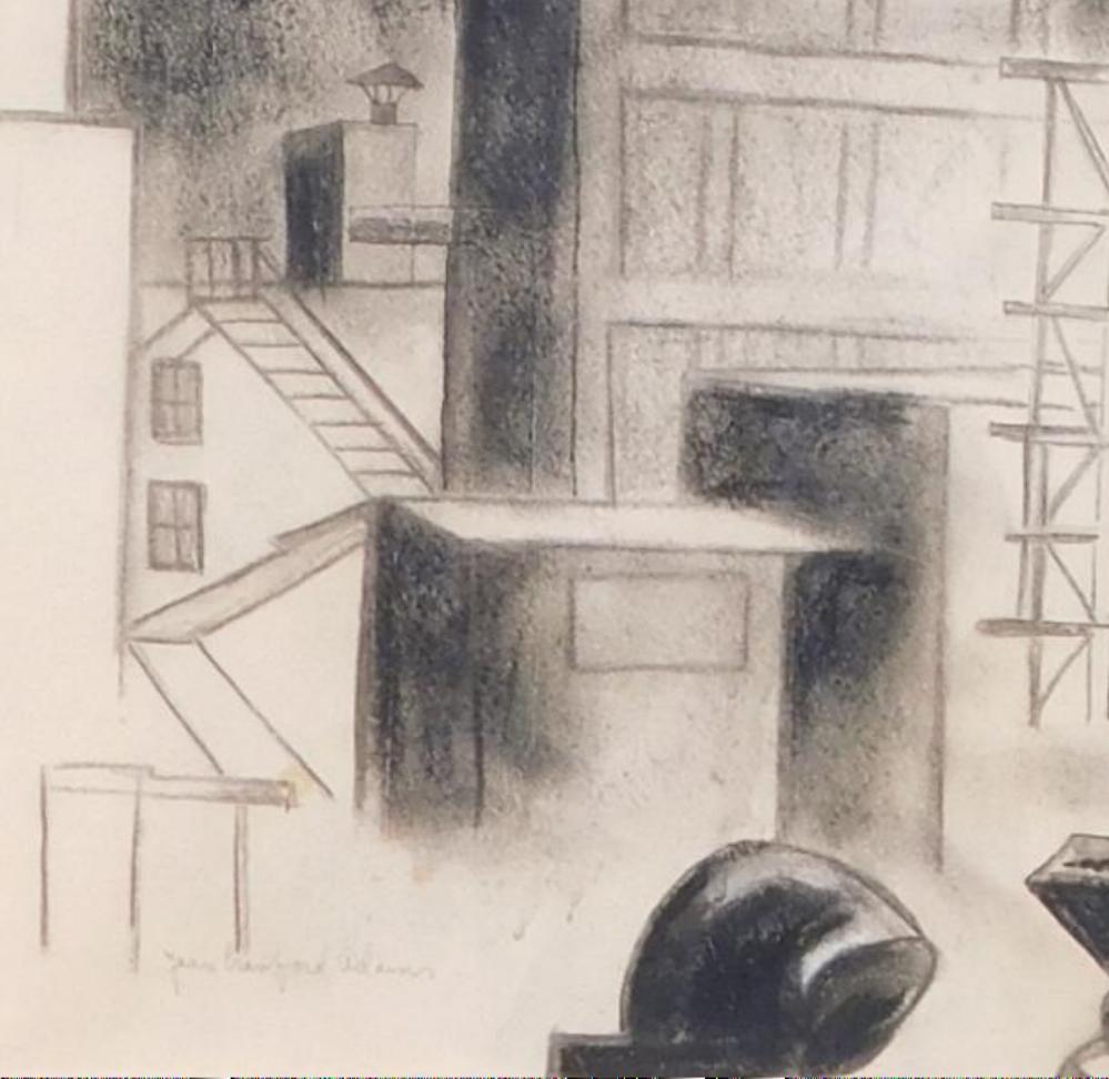 Paper Jean Crawford Adams Original Charcoal Drawing - Chicago Industrial Subject For Sale