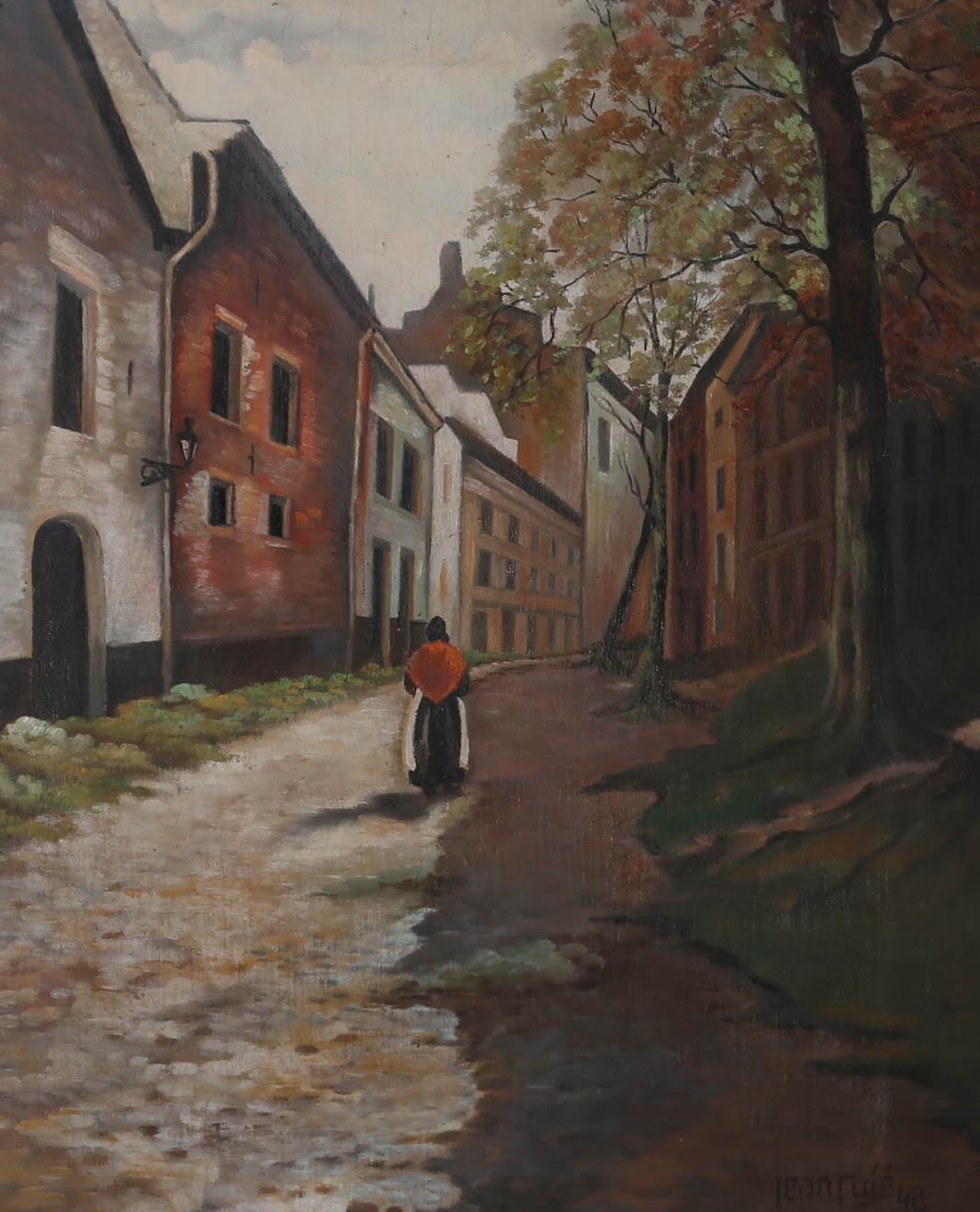 This vibrant perspective scene depicts a lone figure walking down a quiet continental street on a cloudy day. The artist has signed and dated to the lower right, and the oil has been well presented in a substantial, painted gilt frame. On canvas in