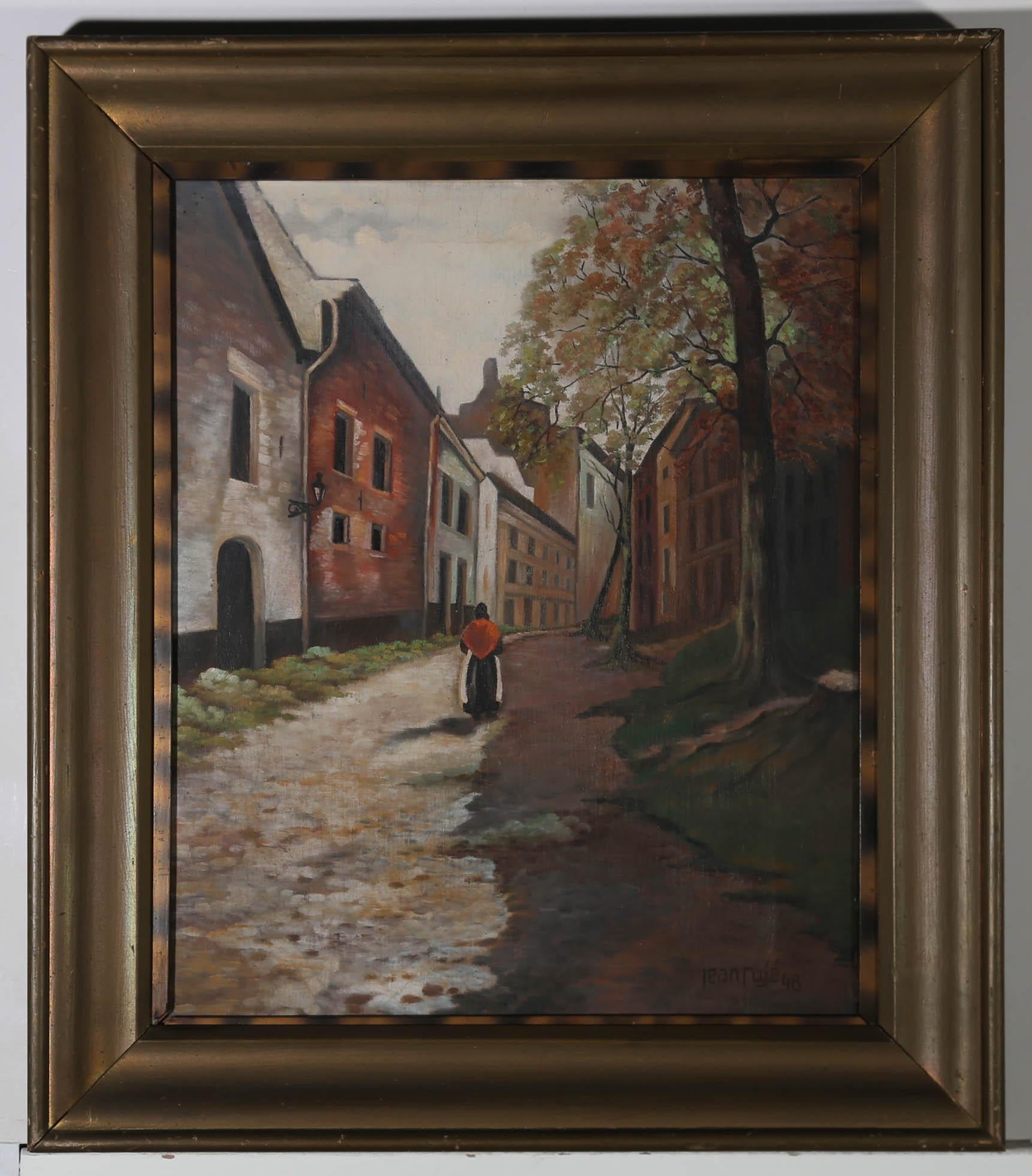 Jean Cuje - Framed 1948 Oil, Walking the Street For Sale 1