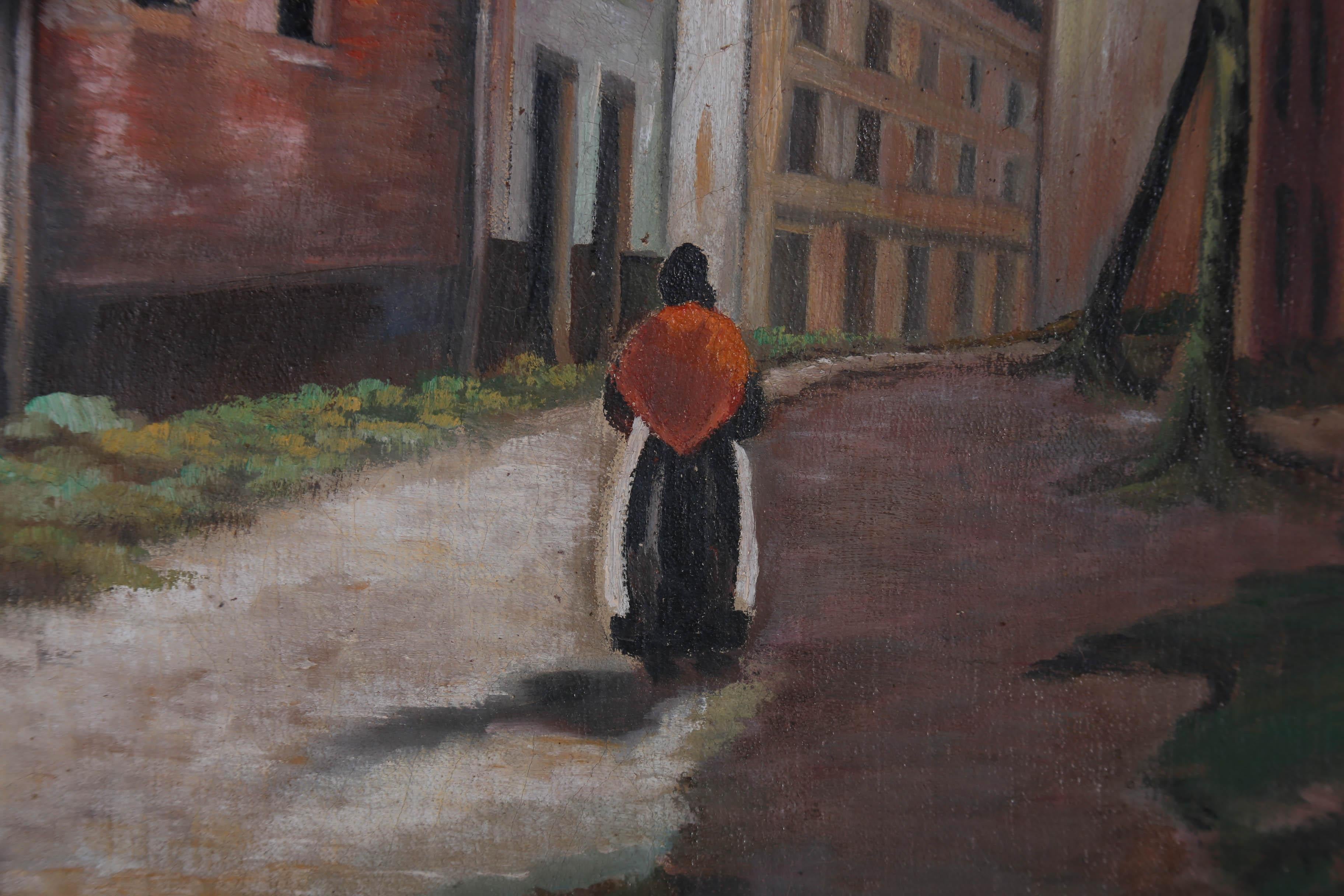 Jean Cuje - Framed 1948 Oil, Walking the Street For Sale 3