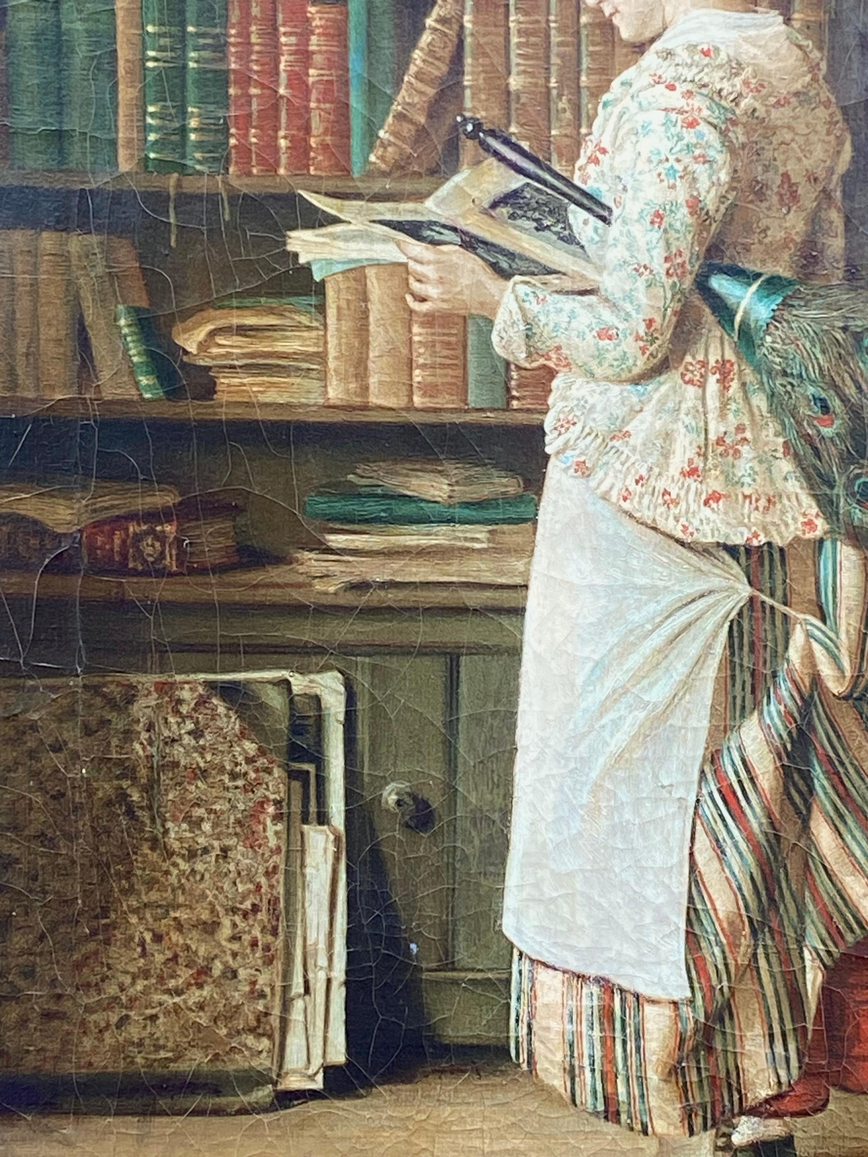 Bellissimo e dettagliatissimo dipinto originale a olio su tela di una giovane cameriera che interrompe il suo lavoro per leggere un libro nella stanza della biblioteca. L'artista è il belga Jean Daniel Stevens. Firmato in basso a sinistra