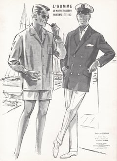 French Mid-Century 1960s Men's Fashion Design Retro Sailing Lithograph Print