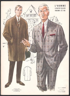 French Mid-Century 1960s Mens Fashion Design Vintage Suit Lithograph Print