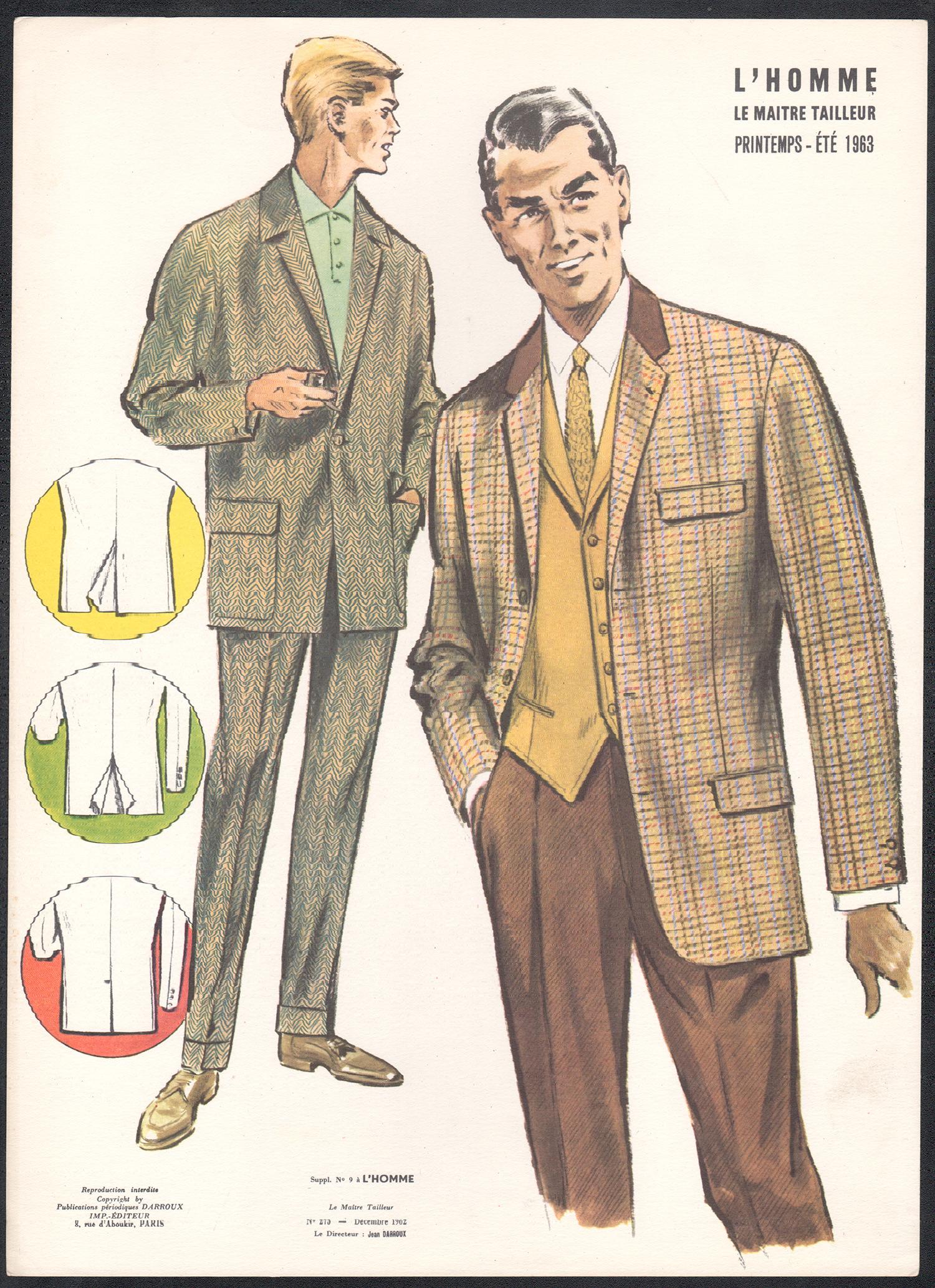 Litografía francesa de mediados de siglo de 1960 sobre diseño de moda masculino y traje vintage - Print de Jean Darroux 
