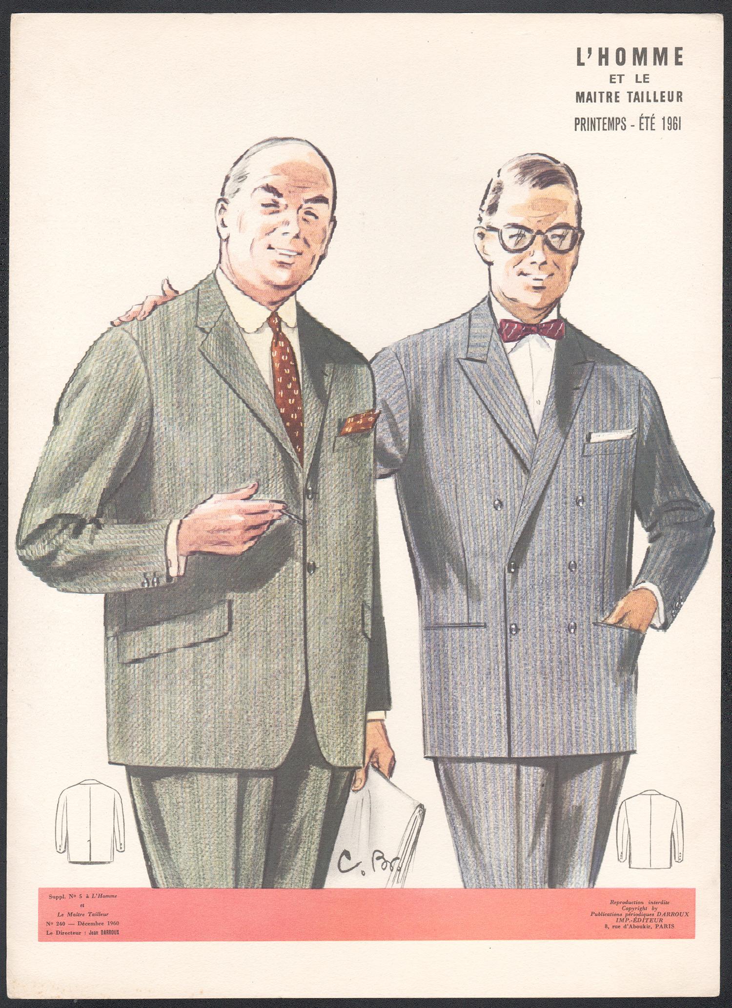 French Mid-Century 1960s Mens Fashion Design Vintage Suit Lithograph Print - Beige Figurative Print by Jean Darroux 