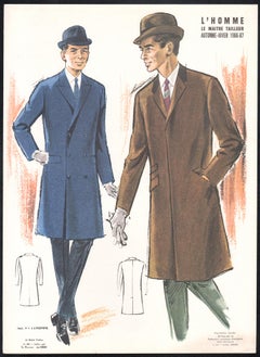 French Mid-Century 1960s Mens Fashion Design Vintage Suit Lithograph Print