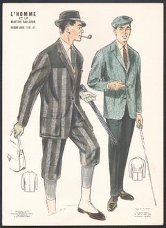 French Mid-Century 1960s Mens Fashion Design Vintage Suit Lithograph Print