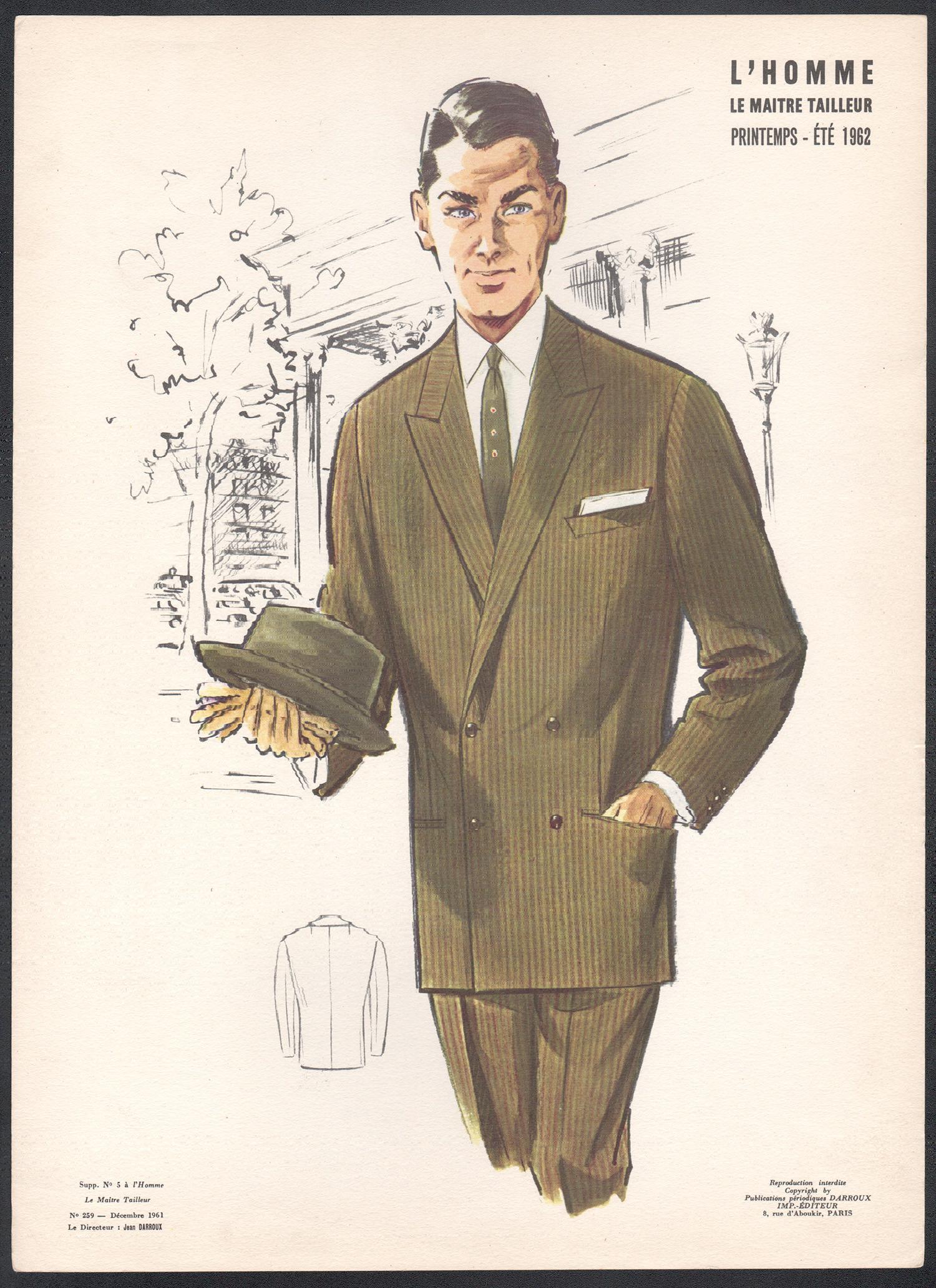 French Mid-Century 1960s Mens Fashion Design Vintage Suit Lithograph Print - White Figurative Print by Jean Darroux 