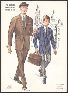 French Mid-Century 1960s Mens Fashion Design Vintage Suit Lithograph Print