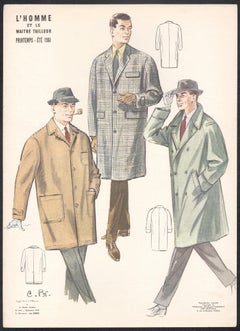Französischer Mid-Century 1960er Jahre Herren Mode Design Vintage Anzug Lithographie Druck