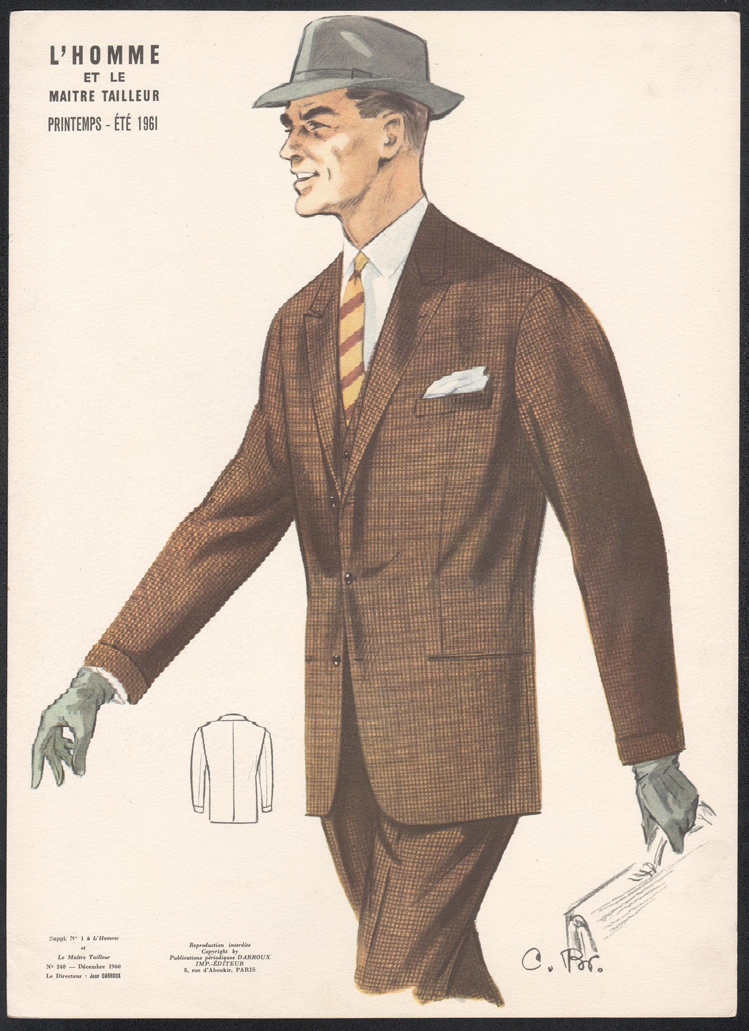 Jean Darroux - French Mid-Century Mens Fashion Design Vintage Suit Lithograph Print For Sale at