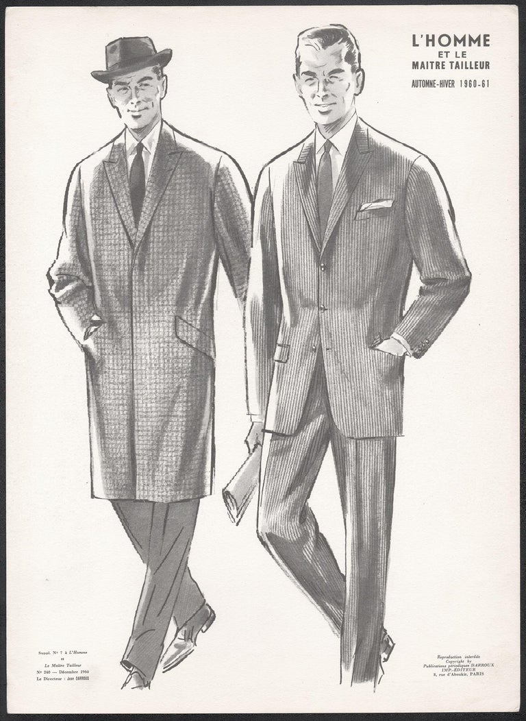 French Mid-Century 1960s Men's Fashion Design Vintage Suit Lithograph Print - Beige Figurative Print by Jean Darroux 