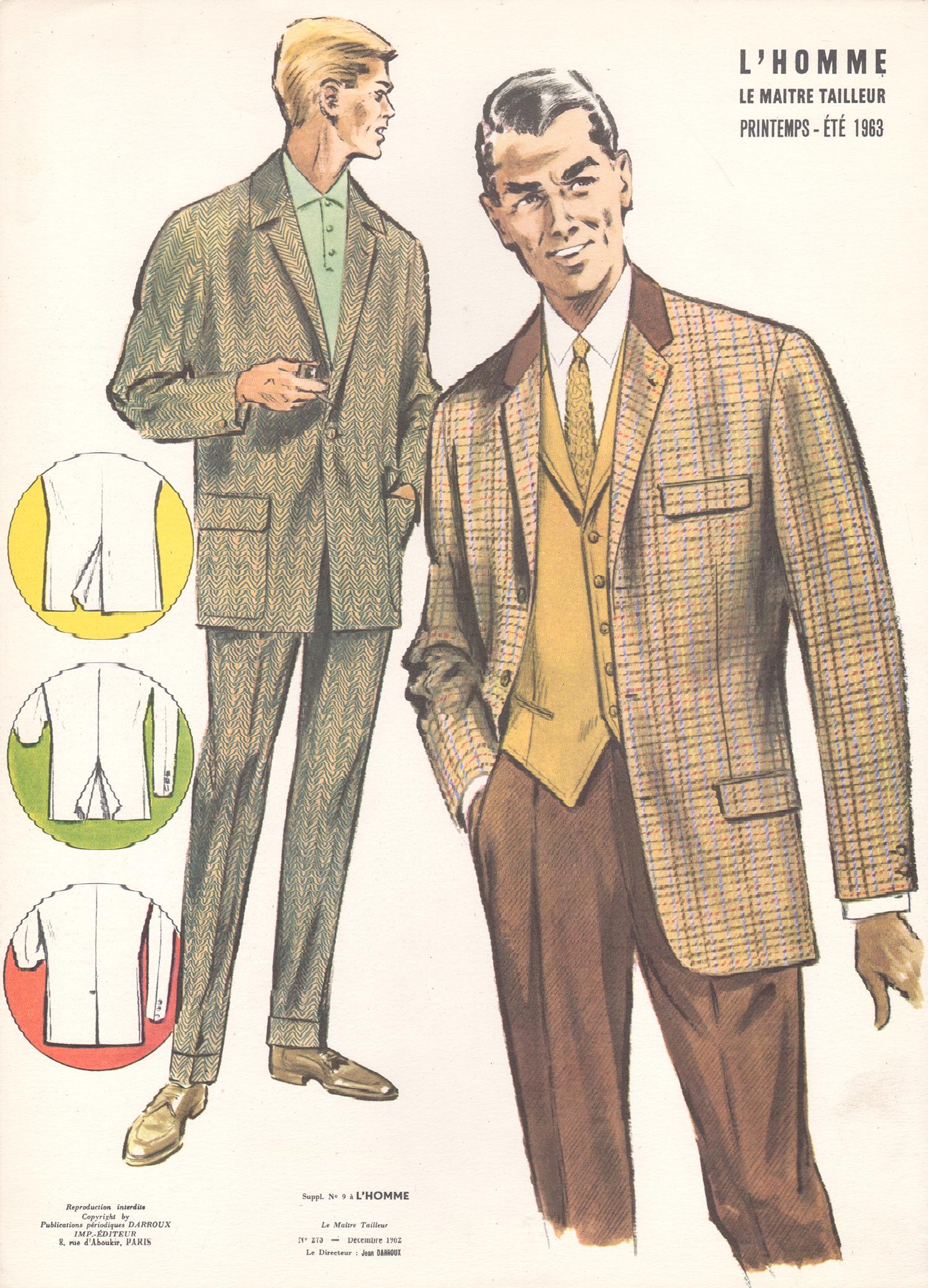 Französischer Mid-Century 1960er Jahre Herren Mode Design Vintage Anzug Lithographie Druck