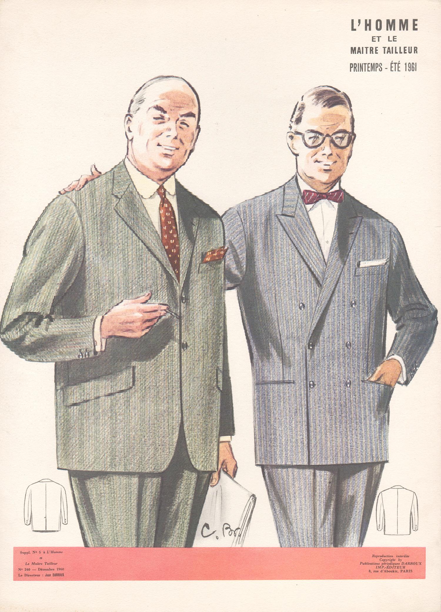 Jean Darroux  Figurative Print - French Mid-Century 1960s Mens Fashion Design Vintage Suit Lithograph Print