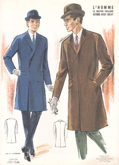 French Mid-Century 1960s Mens Fashion Design Vintage Suit Lithograph Print
