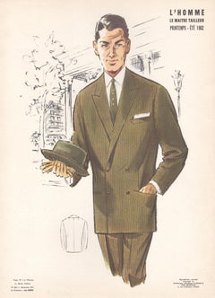 French Mid-Century 1960s Mens Fashion Design Vintage Suit Lithograph Print