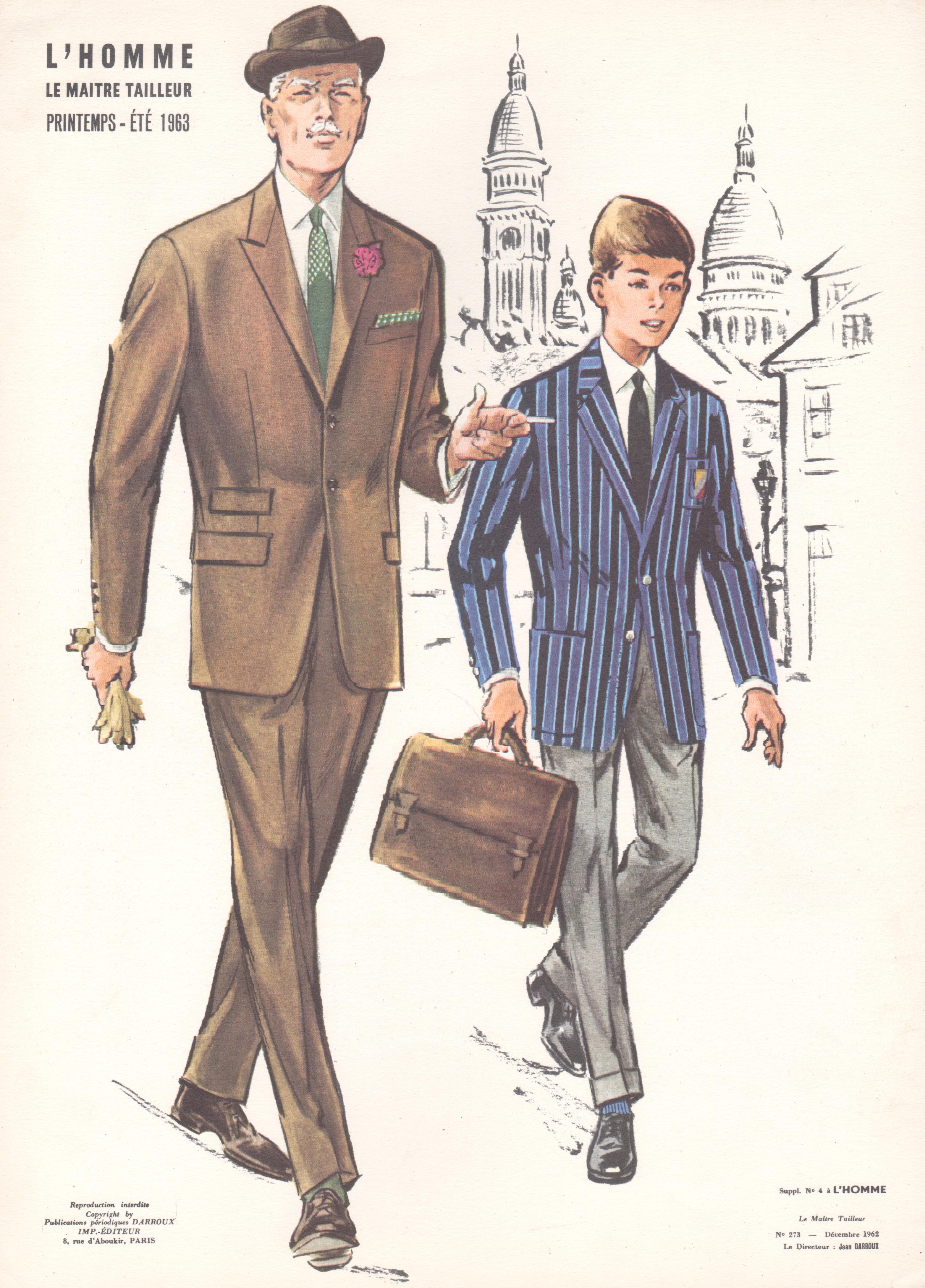 French Mid-Century 1960s Mens Fashion Design Vintage Suit Lithograph Print